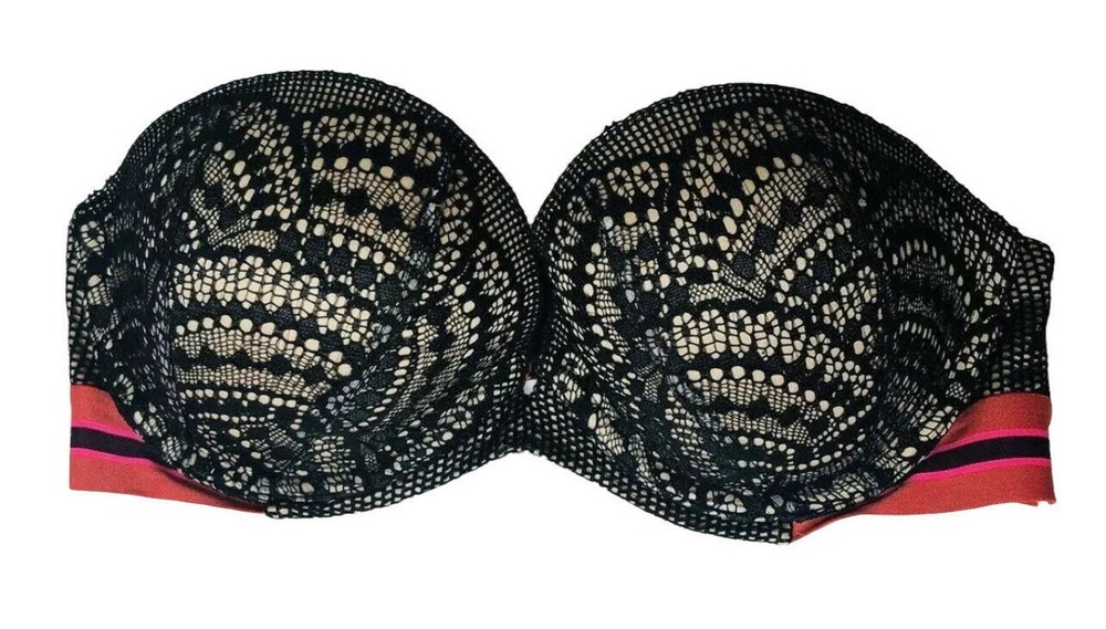 Victorias Secret Strapless Black Lace Very Sexy Padded Bra Orange Pink Band‎ 32C